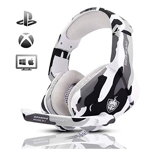 Gaming Headset for PS4, Xbox One, PC, Laptop, Mac, Nintendo Switch, PHOINIKAS 3.5MM PS4 Headset with Mic, Over Ear Headset, Noise-Cancelling Headset, Bass Surround, LED Light, Comfort Earmuff - Camo