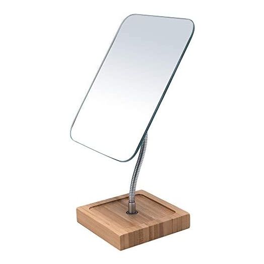 YEAKE Flexible Gooseneck Bamboo Vanity Makeup Mirror,360°Rotation 8" Large Frameless Vanity Mirror Folding Portable Table Desk Mirror with Stand Bathroom Shaving Make Up Mirrors Rectangle