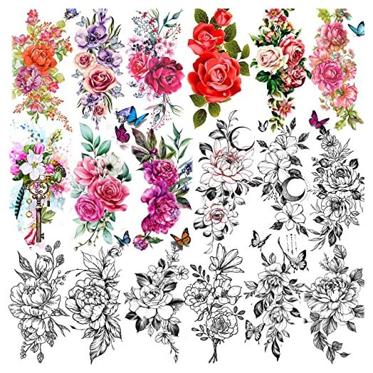TASROI 18 Sheets Sexy Flower Rose Temporary Tattoos For Women Girls Adults, Women Body Art Fake Arm Tattoo Stickers, Waterproof Moon Butterfly Black Floral Tattoo Temporary Orchid Dahlia Neck Tatoos