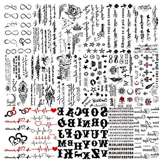 TASROI 18 Sheets Black Inspired Quotes Temporary Tattoos For Women Kids Children Long Lasting Letter Alphabet Words Fake Tattoo Stickers Birds Cross ECG infinity Moon Star Neck Arm Tatoo For Men Adult