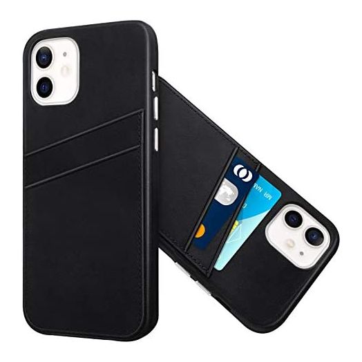 LUCKYCOIN CASE for iPhone 12 | 12 pro Leather Case with Card Holders Vintage Genuine Leather Handcraft Protective Case with Metal Button Compatible with Apple 5G iPhone 12/12 pro 6.1 inch - Black…