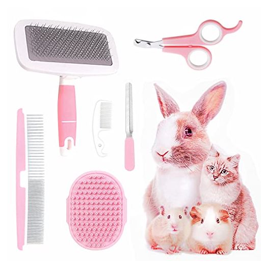 Crafterlife Small Animal Pet Grooming Kit with Pet Shedding Slicker Brush, Bath Massage Glove, Pet Grooming Comb, Nail Clipper Trimmer for Rabbit, Puppy, Kitten, Guinea Pig, Hamster, Ferret (Pink)