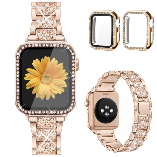 Mesime Compatible for Apple Watch Band with Screen Protector Case, Jewelry Replacement Band 45mm 44mm 42mm 41mm 40 mm 38mm 2 Pack Bling Protective Cover for iWatch Series 9/8/7/6/5/4/3/2/1/SE Women
