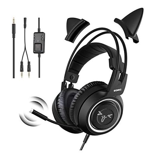 SOMIC Stereo Gaming Headset with Mic for PS4, PS5, Xbox One, PC, Mobile Phone, 3.5MM Sound Detachable Cat Ear Headphones Lightweight Self-Adjusting Over Ear Office Headphones G951S Black