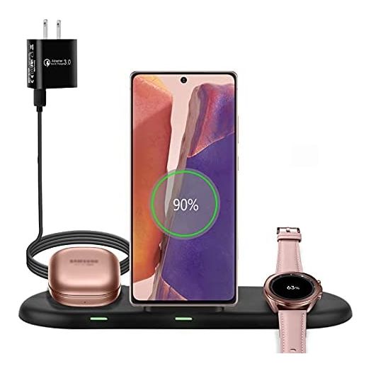 Wireless Charging Station 3 in 1, Fast Wireless Charger for Samsung Galaxy Watch 4, Active 2 Series and Galaxy Buds Series, Phone Charger Stand Dock Compatible with Samsung Galaxy S22 S20 Note(Black)