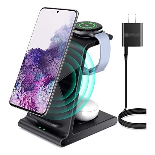 Wireless Charging Station 3 in 1, Wireless Charger for Samsung Galaxy Watch 4, Active Series and Galaxy Buds Series, Phone Charger Stand Compatible with Samsung Galaxy S22 Ultra S21 S20 Note (Black)