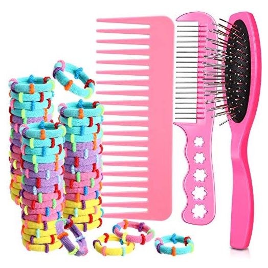 YoungJoy 3 Pcs Pink Doll Hair Care Brush Hair Comb Set with 50 Pcs Assorted Color Elastic Hair Ties for 18 and 14 Inch Dolls, The Dolls Bitty Baby and Other Doll Item(Style 2)