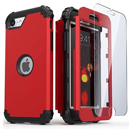 iPhone SE 2020 Case with Tempered Glass Screen Protector,iPhone SE 3 Case(3nd Gen 2022),IDweel Hybrid 3 in 1 Shockproof Slim Heavy Duty Hard PC Cover Soft Silicone Rugged Bumper Full Body Case,Red