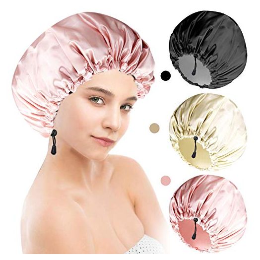 Shower Cap For Women Men 3PCS Shower Caps For Women Waterproof Extra Large Shower Cap Big Lined Rbersea Jumbo Reusable Shower Cap Long Hair Bonnet Set For Kids With Black Gold Pink Bath Cap Adjustable