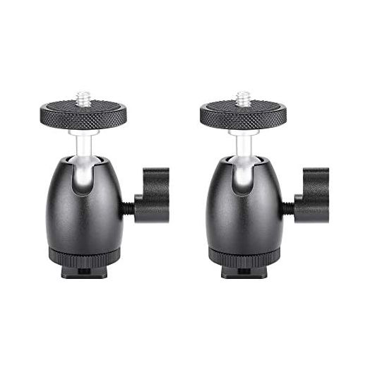 Mini Tripod Ball Head, Ruittos 2 Packs 1/4 inch Screw Lighting Tripod Ballhead with Lock and Hot Shoe Adapter for Camera LED Light, LCD Monitor, on-Camera Microphone, Sony A6400 DSLR Camera, Video
