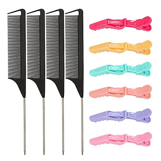 Rat Tail Combs Hair Clips Set:4Pcs Rat Tail Combs & 6Pcs Alligator Hair Clips, Steel Pin Parting Comb Teasing Combs, Alligator Styling Sectioning Clips of Professional Hair Salon Quality