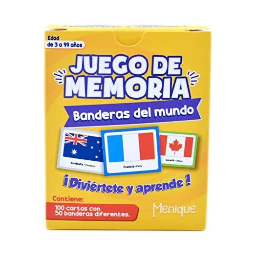 Menique, Flags of The World, Memory Matching Game in Spanish, for Kids and Adults, 100 Tiles 50 Pairs