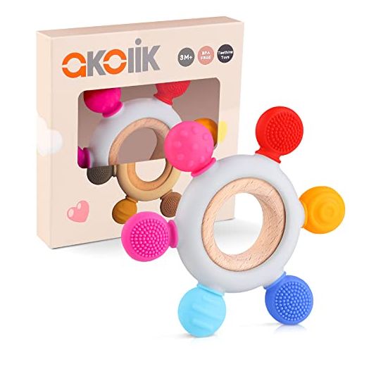 akolik Baby Teething Toys, Silicone Teether for Babies Toddlers, BPA-Free, Oar Clutching Toy Teether, Soothing Teething Pain Relief for Baby - Rainbow