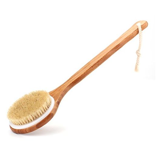 Shower Brush with Natural Bristle - Long Bamboo Handle Bath Body Brush for Wet or Dry Brushing - Improves Blood Circulation, Exfoliating Skin