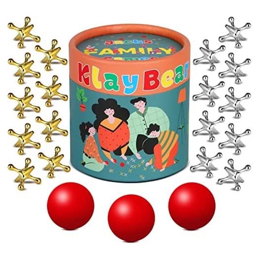 KlayBear Jacks Game with Ball, 18 Metal Jacks & 3 Red Rubber Balls