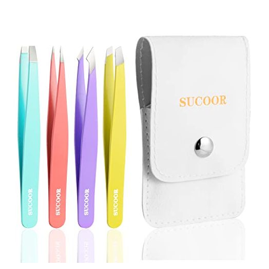 SUCOOR Tweezers Set - 4Pcs Professional Stainless Steel Tweezers, Best Precision Tweezers Set for Shaping Eyebrows, Great Beauty Tools for Facial Hair, Ingrown Hair, Blackhead Removal.(Multi-color)