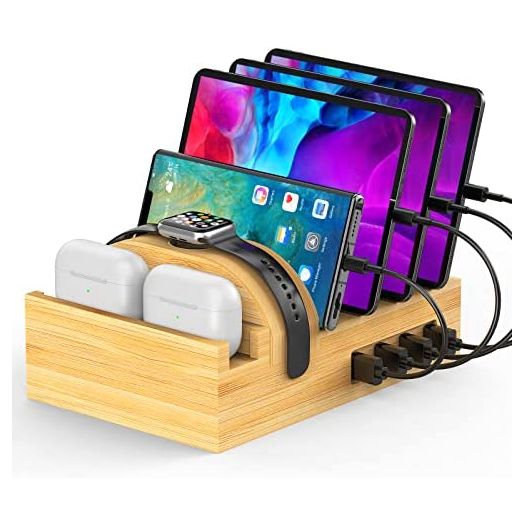 Bamboo Charging Station for Multiple Devices, Alltripal Wood Desktop Docking Station 7-Port Multi-Charger Organizer Fast USB Charger Compatible with iPhone, iPad, AirPods, iWatch, Cell Phone, Tablet