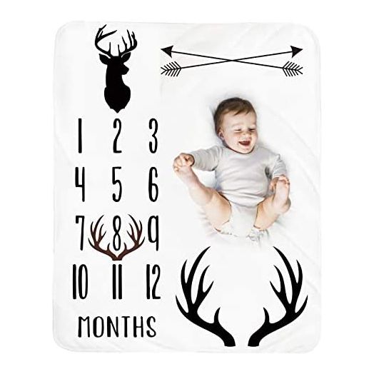 Baby Monthly Milestone Blanket Boy - Deer Newborn Month Blanket Neutral Personalized Shower Gift Woodland Nursery Decor Photography Background Prop with Frame Large 51''x40''