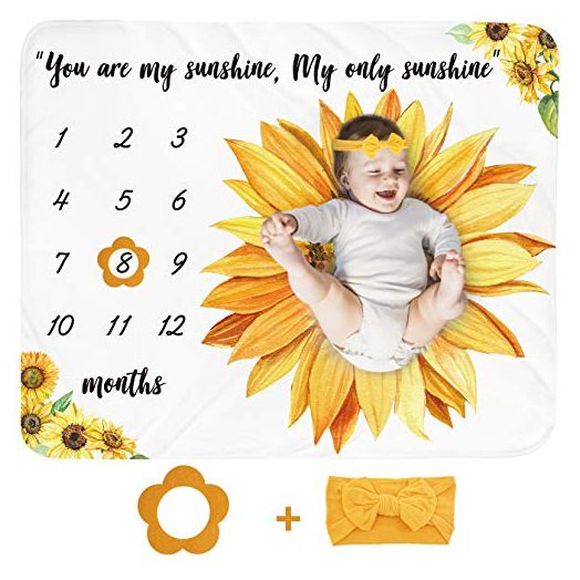 Baby Monthly Milestone Blanket Girl - Sunflower Newborn Month Blanket Personalized Shower Gift Floral Nursery Decor Flower Photography Background Prop with Frame Headband Large 51''x40''