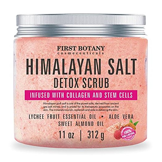 Himalayan Salt Body Scrub with Collagen and Stem Cells - Natural Exfoliating Salt Scrub & Body and Face Souffle helps with Moisturizing Skin, Acne, Cellulite, Dead Skin Scars, Wrinkles (11 oz)