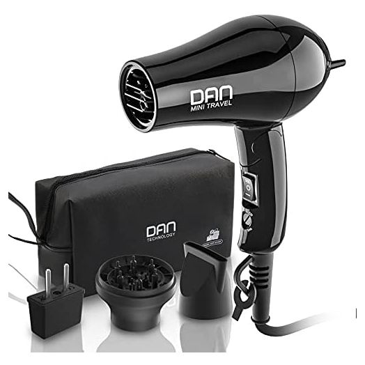 Dan Technology Travel Hair Dryer,Compact Hair Dryer,Portable Mini Blow Dryer with Concentrator&Diffuser,European Hair Dryer with European Plug,Folding Handle Lightweight,Fast Drying for Women and Men