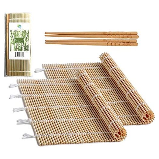 Bamboo Sushi Rolling Mat with 2 Pairs of Chopsticks Natural Bamboo 9.5"x9.5" 2 PCS Sushi Making Kit