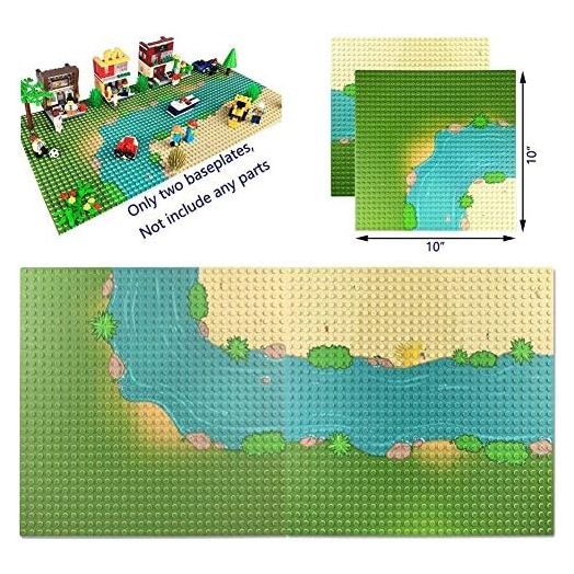 Grassland Rivers Pattern Baseplate 10" x 10" - Building Brick Base Plate Perfect Combination with Major Brands,for City Roads Building Blocks Kids Toy (1 Straight + 1 Curve)