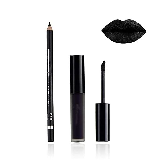MAEPEOR Matte Lipstick and Lipliner Set 2Pcs Non-Stick Cup Velvety Liquid Lipgloss Set Waterproof and Long Lasting Liquid Lipstick Set for Women and Girls (2PCS Set, Black)