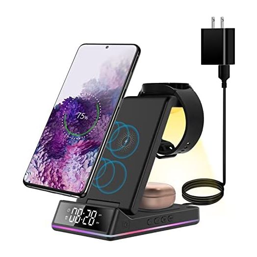 3 in 1 Wireless Charger with Clock/Alarm and Night Light,Qi Fast Charger Compatible with Samsung Galaxy Watch 4/3/Active & Galaxy Buds 2/Pro/Live & Galaxy S22 Ultra/S21/More Qi Enabled Phones and Buds