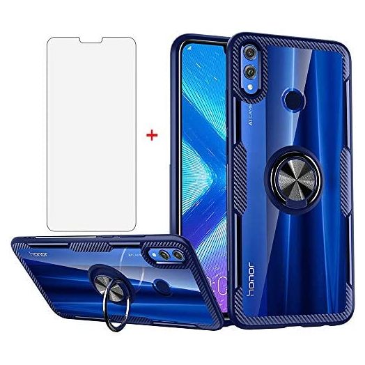 Phone Case for Huawei Honor 8X with Tempered Glass Screen Protector Clear Cover and Magnetic Stand Ring Holder Bumper Slim Hard Cell Accessories Protective Transparent Huwai Honor8X Cases Men Blue