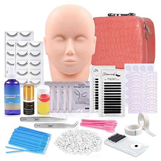 Eyelash Extension Kits, 17Pcs Professional Eyelash Grafting Training Tools Lashes Extension Practice Exercise Set with Mannequin Head Makeup Bag Glue Tweezers for Practice Eye Lashes Graft (17PCS)