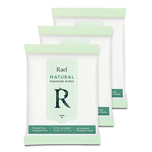 Rael Flushable Feminine pH Wipes - Travel Size, All Skin Types, Paraben Free, pH-Balanced, Daily Use (10 Count, Pack of 3)