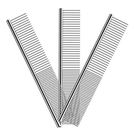 Elfirly Dog Combs for Removing Tangles and Knots - Cat Comb with Stainless Steel Teeth, Pet Grooming Brush Tool for Long and Short Hair (3 Pack - 7.4 IN)