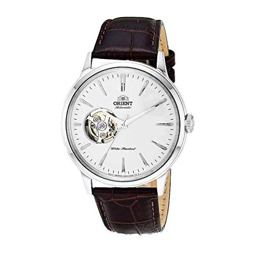Orient 'Bambino Open Heart' Japanese Automatic Stainless Steel and Leather Dress Watch