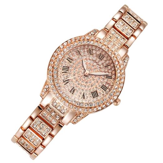 Lonbamu Women'S Watch,Alloy Material Steel Band,Full Of Rhinestones,Light Luxury Luxury Casual Style, (Rose Gold)