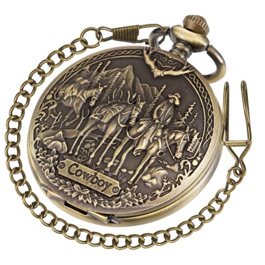 Tiong Pocket Watch Engraved Cowboy Arabic Numerals Quartz with Chain Gifts