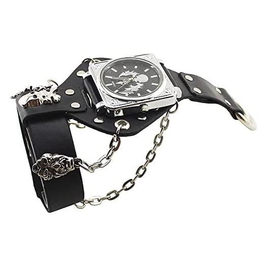 Fashion Hip-Hop Punk Skull Watch for Men Women Black Wide Leather Cuff Band Watch Cool Style Wrist Watches,Chains Locomotive Glove Watch