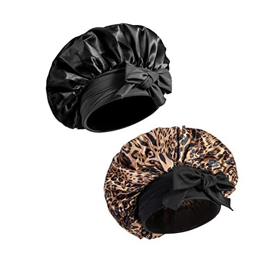 Women Satin Bonnet - Large Satin Bonnets for Braids for Sleeping Black Women Satin Silk Bonnet with Stretchy Tie Band - Bonnets for Black Women (Black & Leopard)