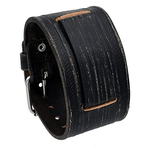 REV BOSS Series 24 mm Lug Width Wide Washed Out Black Leather Strap Cuff Watch Band - BOS-BSK