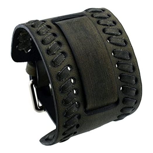 Nemesis Washed Black Wide Leather Strap Cuff Wrist Watch Band WLB-K