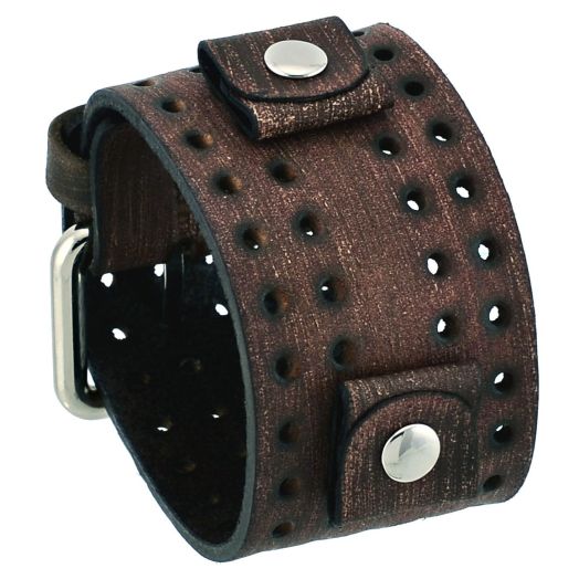Nemesis FLH-B 24mm Lug Width Wide Faded Brown Perforated Leather Cuff Watch Band
