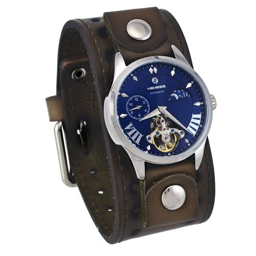 Nemesis GBSTH511L Men's Open Heart Tourbillon Moon Phase Wide Leather Band Automatic Watch