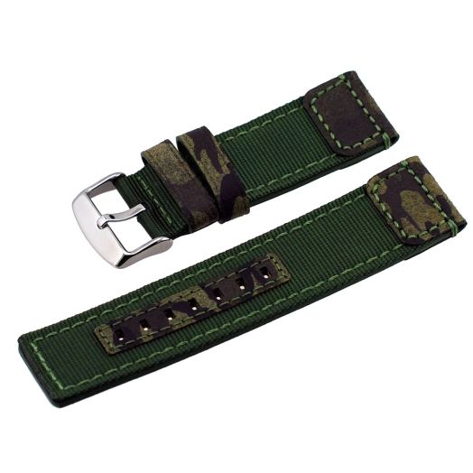 Italian Design 22mm Camouflage Green Canvas Genuine Leather Backing Replacement Band