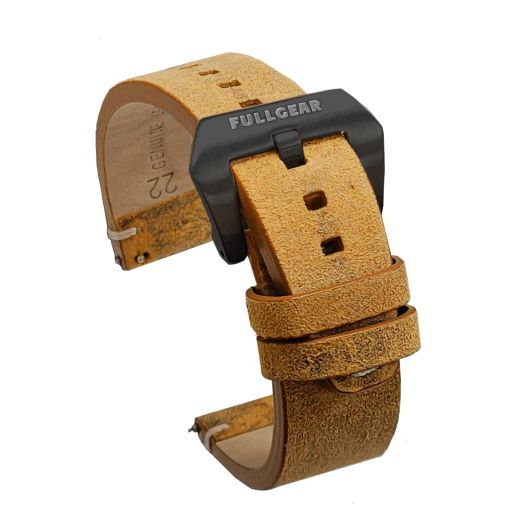 FullGear 22mm Quick Release Genuine Distressed Leather Watch Replacement Strap Band, Stainless Steel Buckle, for Men Women Unisex (Sand with Black Buckle)