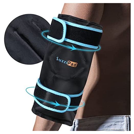 SuzziPad Elbow Ice Pack for Injuries with Double-Sided Fabric Cover, Wearable Ice Elbow Wrap with Cold Compress, Pain Relief for Forearm, Tennis Elbow, Golfers Elbow, Bursitis and Sport Injuries