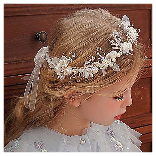 Campsis Princess Flower Crystal Headpiece Rhinestone Pearl Headband Alloy Floral Bridal Hair Accessories Communion Wedding Prom Photography for Girls and Women (Gold)