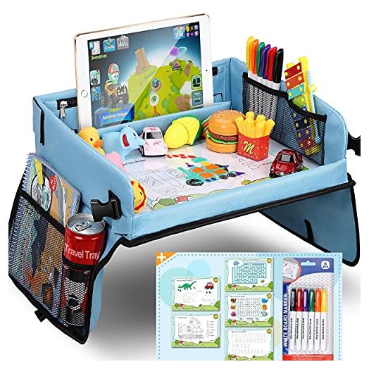 Upgraded Kids Travel Tray with Dry Erase Top Car Seat Travel Tray with 16 Organizer Pockets for Car Stroller Plane With 5 Educational Drawing