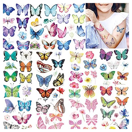 Temporary Tattoo, Fake Tattoo 100pcs Pattern, Waterproof Body Stickers, Cute Tattoo Decorations, Birthday Party Favor Supplies Decor for Kids Boys Girls Children Toddler Teens 10 Sheets Butterfly