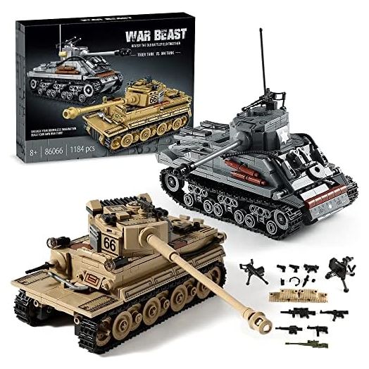 WW2 Army Tank Toys Building Kit, Create a German Tiger & an American M4 Sherman Tank Models with 1184 Blocks, Great Military Gifts for Boys Kids Age 8-14