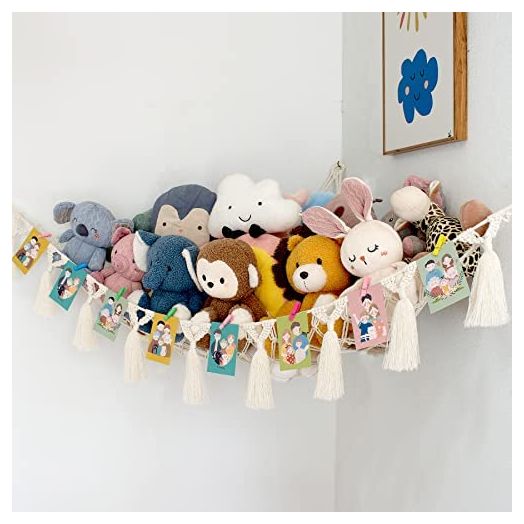 Mingtex Macrame Toy Hammock - for Stuffed Animals and Plush Toys, Soft Net Storage with Wooden Photo Clips, Soft Corner Hanging Netting, White Large